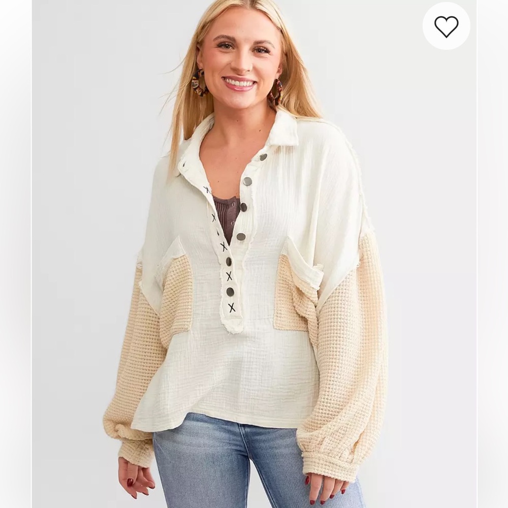 POL Textured Henley frayed oversized Pullover size Small